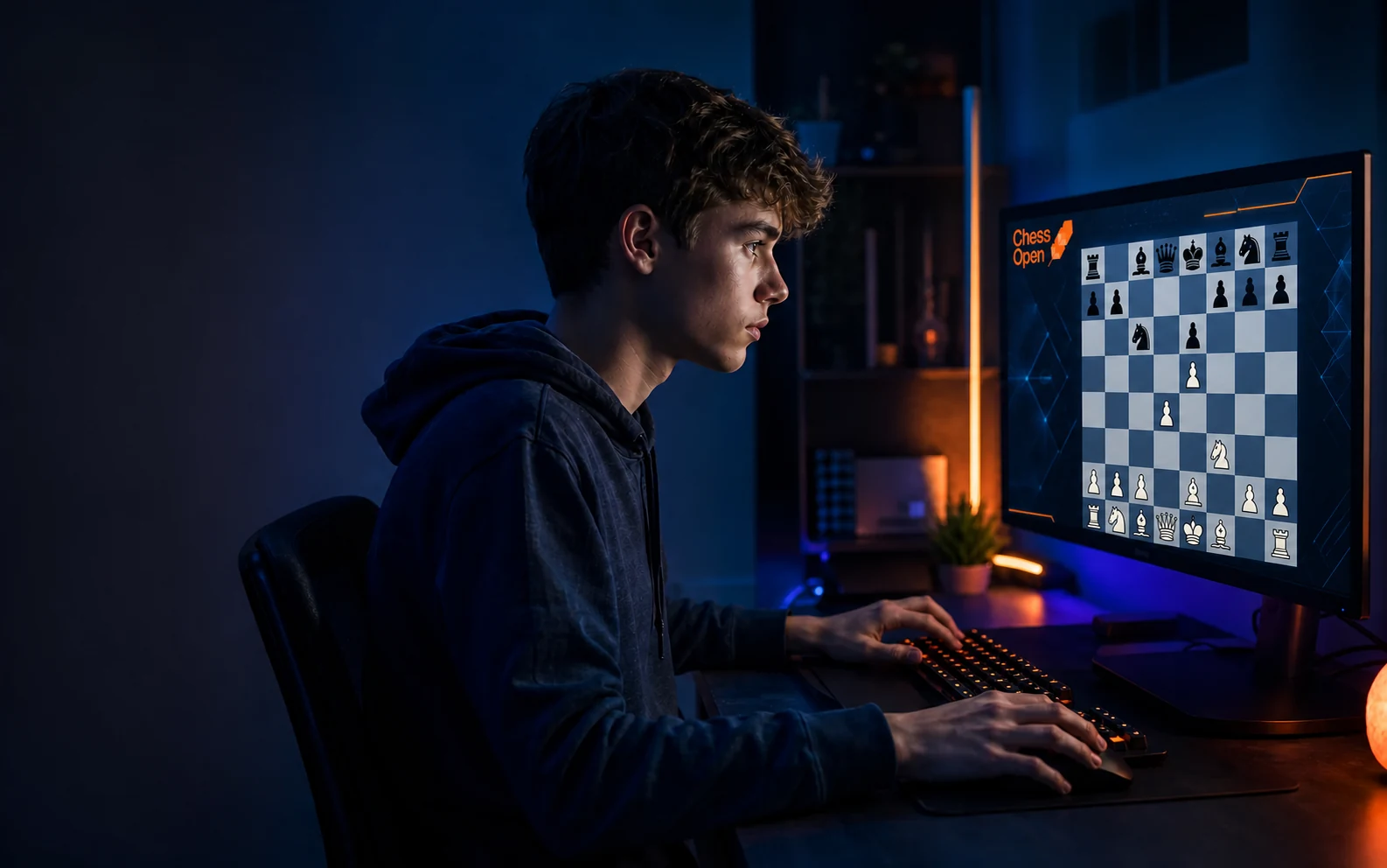 Подросток играет шахматную партию на платформе ChessOpen